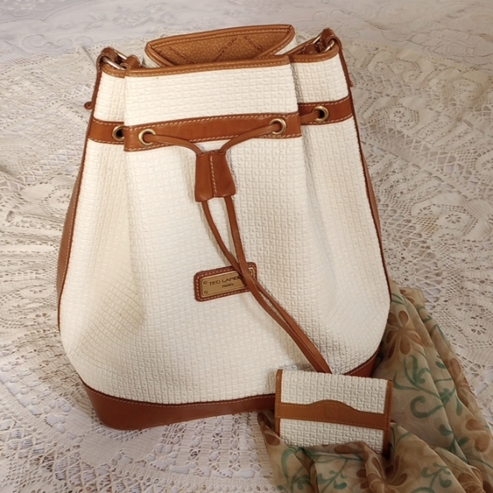 Ted Lapidus White & Brown Leather Bucket Bag, and TL Wallet